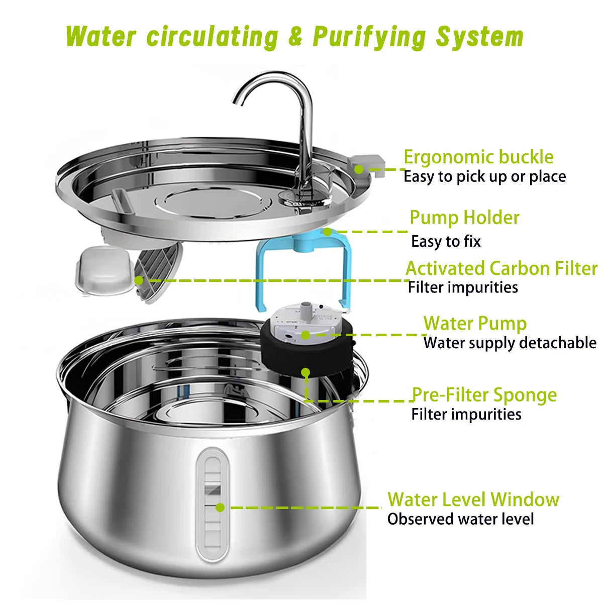 4L Stainless Steel Cat Water Fountain Dog Drinking Bowl Automatic Pet Drinker Water Dispenser for Multiple Pets