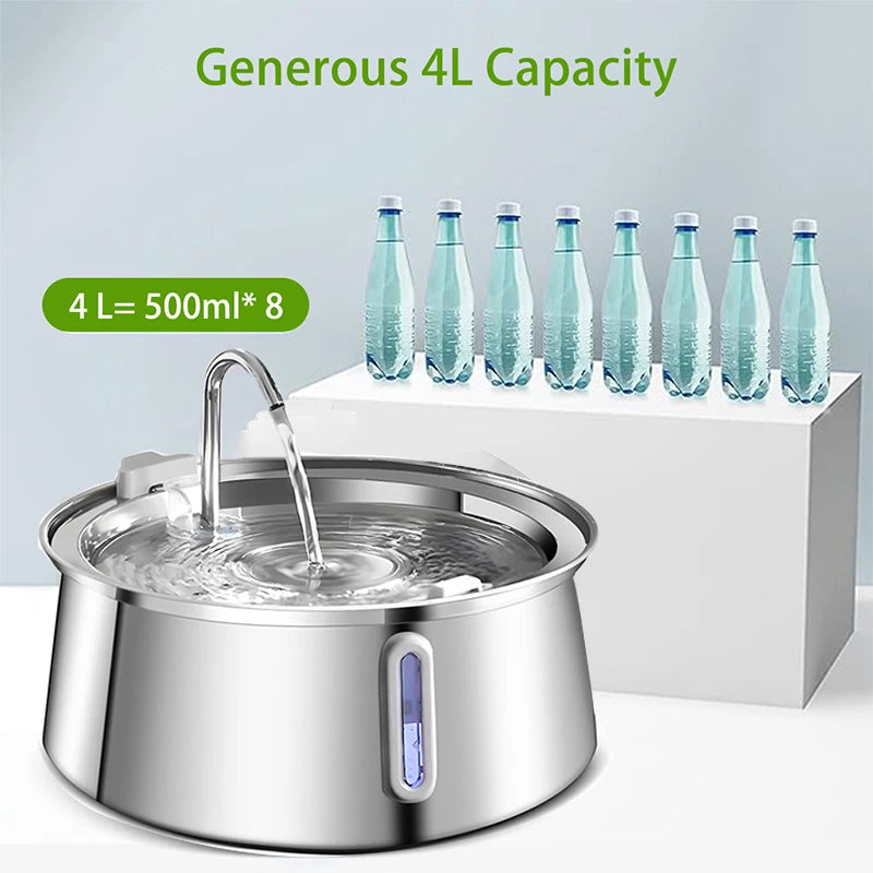 4L Stainless Steel Cat Water Fountain Dog Drinking Bowl Automatic Pet Drinker Water Dispenser for Multiple Pets
