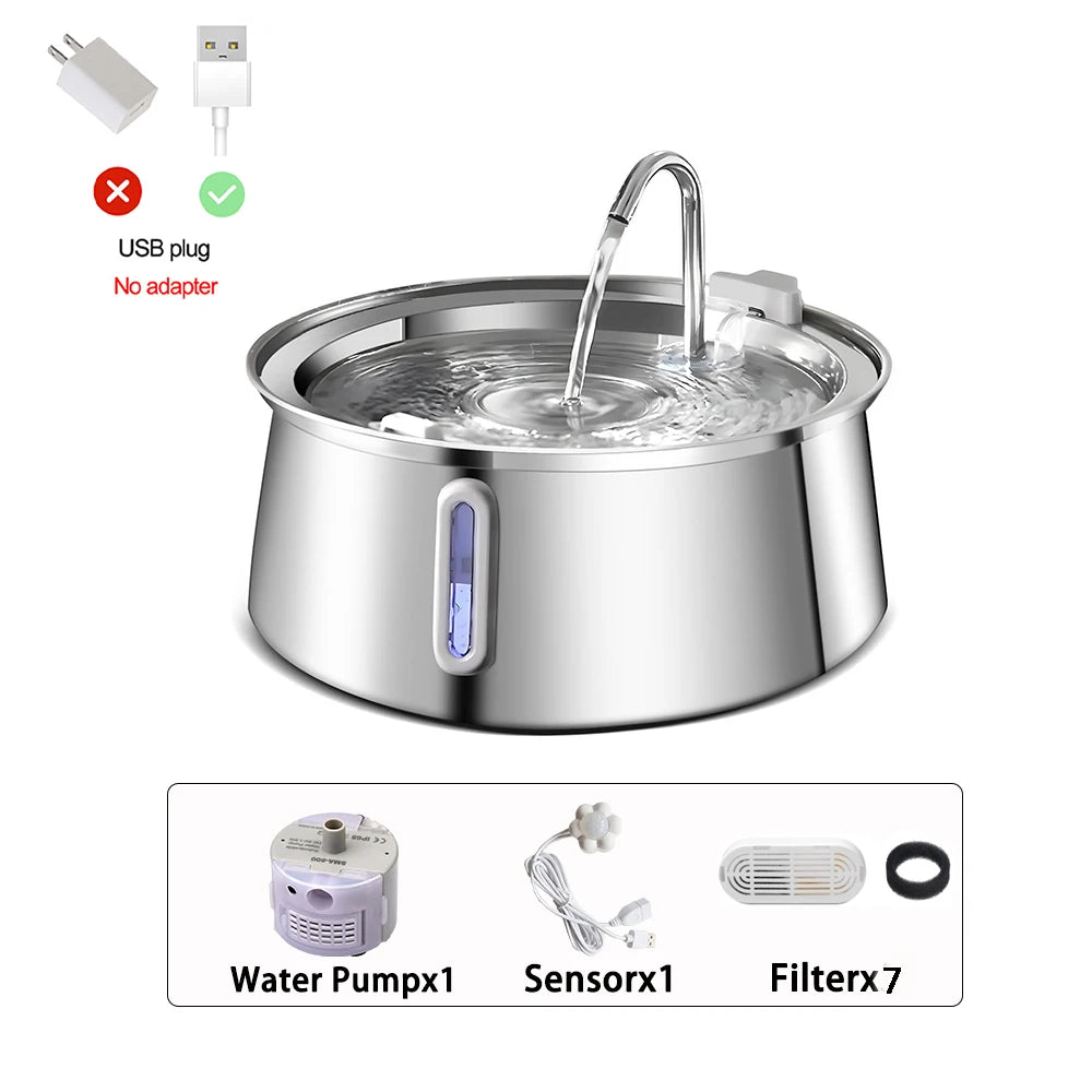 4L Stainless Steel Cat Water Fountain Dog Drinking Bowl Automatic Pet Drinker Water Dispenser for Multiple Pets
