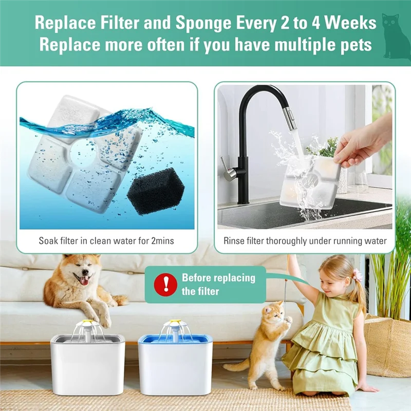 B69C Replacement Filters Sponges For 84Oz/2.5L Automatic Pet Fountain Cat Water Fountain Filter Triple Filtration