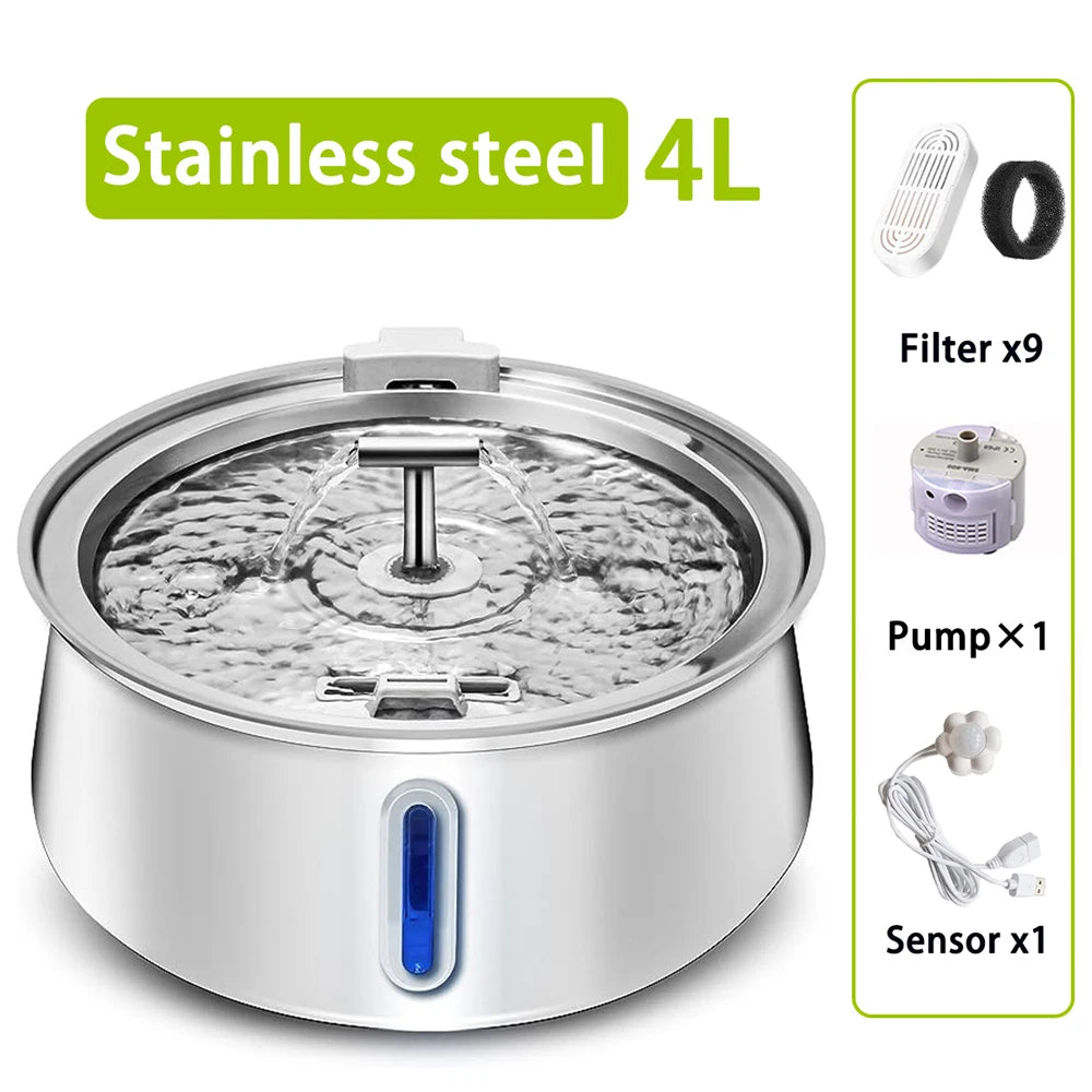 4L Stainless Steel Cat Water Fountain Dog Drinking Bowl Automatic Pet Drinker Water Dispenser for Multiple Pets