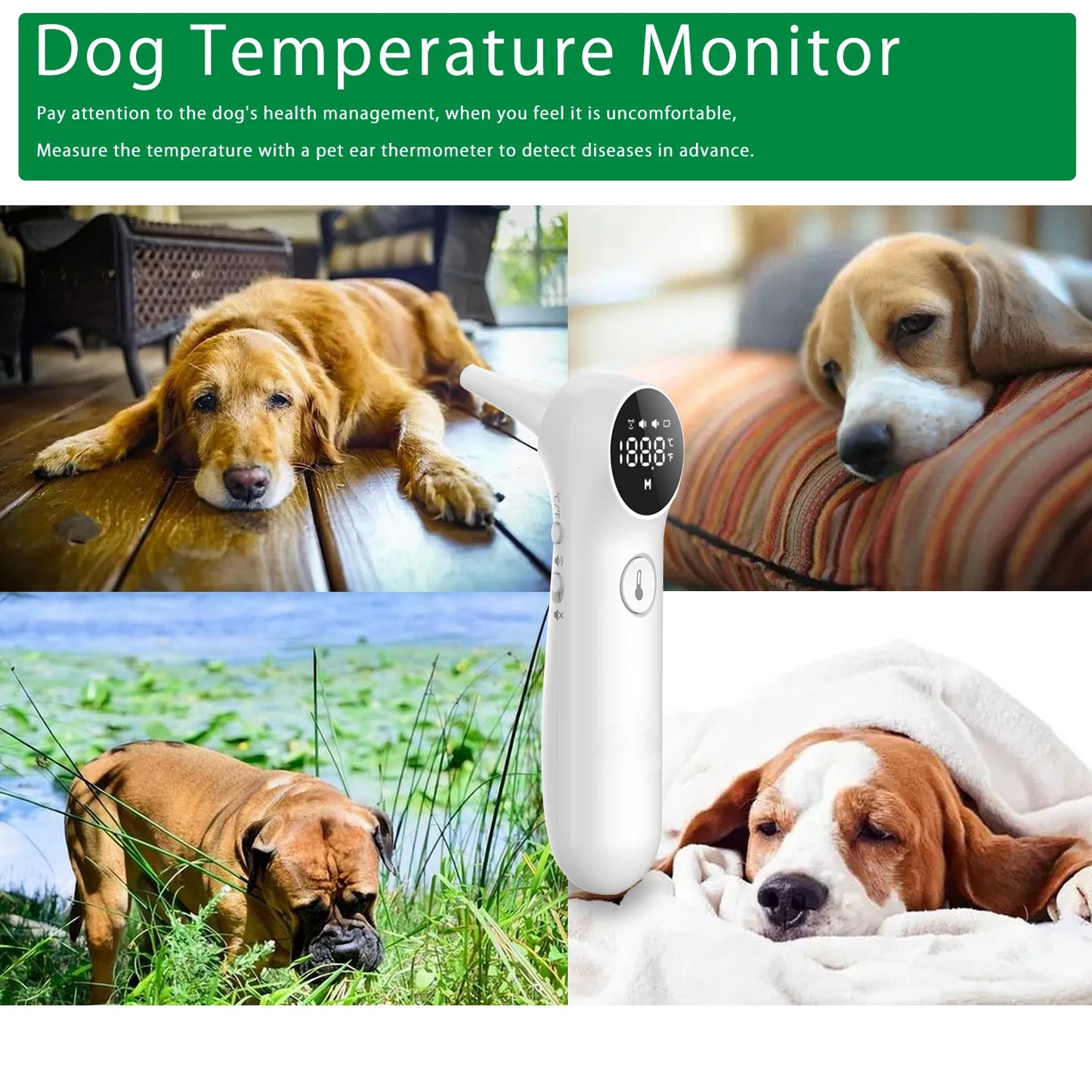 Pet Ear Thermometer for Dogs and Livestock - Includes 20 Pet Swabs, Suitable for Dogs, Cats